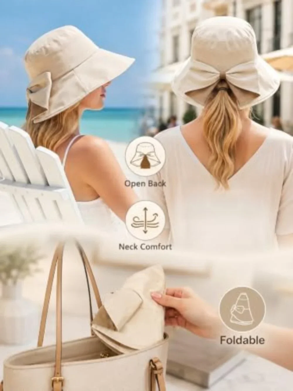 Stylish Wide Brim Bowknot Sun Hat - UPF50+ Foldable Travel Beach Accessory